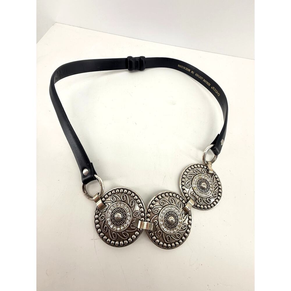 Chicos Silver Medallion Rhinestone Statement Belt Black Leather Boho Size S M - Picture 2 of 7